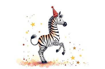 Children's animalistic card. Cute zebra dancing in a red festive cap. White background with multi-colored stars