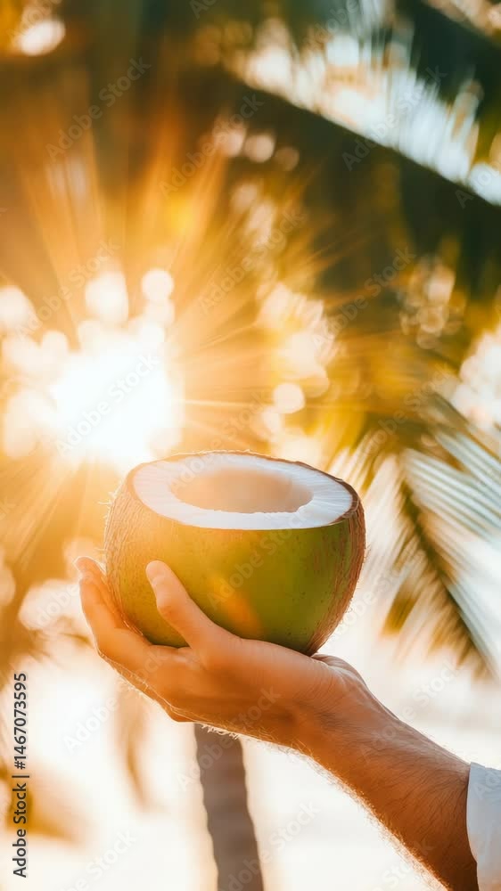 Poster hand cradling a freshly opened coconut while palm trees sway in the gentle breeze, bathed in the war