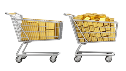Gold bars in shopping carts symbolize economic growth and highlight stark inequality in wealth distribution