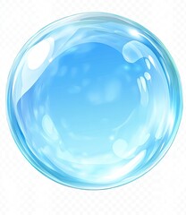 A vibrant, translucent, light blue sphere, seemingly a soap bubble or crystal ball, with smooth, reflective surfaces.  Its internal structure hints at water or liquid