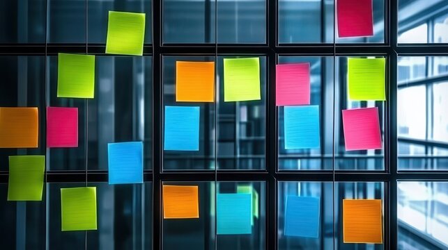 Creative brainstorming session with vibrant sticky notes on glass wall modern office teamwork and ideas generating visualization planning