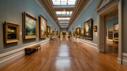 Obraz premium Long art gallery hallway with framed paintings on both walls, museum interior with paintings hanging on walls