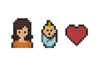 Pixel art of female, baby, and heart icon in minimalist style