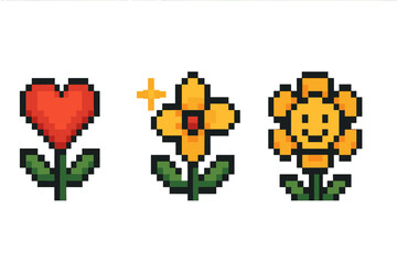 Pixel art heart and flowers with smiling sunflower on green background