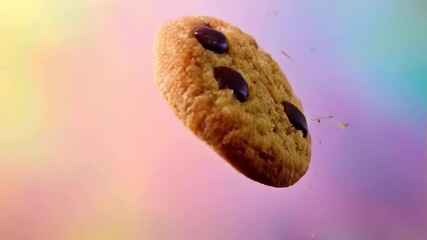 Close Up of Chocolate Chip Cookie Falling with Crumbs in Pastel Background Delicious Sweet Treat Bakery Ingredient Baking Concept Celebration of National Cookie Day