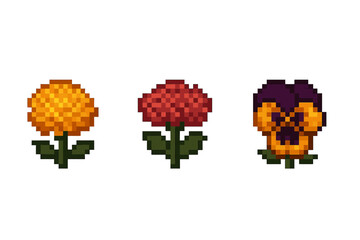 Pixel art flowers: marigold, zinnia, violet on green gradient background