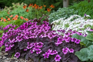 Vibrant Cineraria flowers in full bloom with vivid shades of purple, pink, 