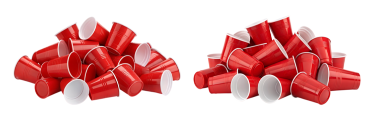 Pile of red plastic party cups on transparent PNG background