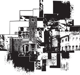 Obraz premium A fragmented black and white collage depicts architectural elements of historic buildings.