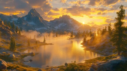 Fototapeta premium Majestic mountain lake at golden sunset