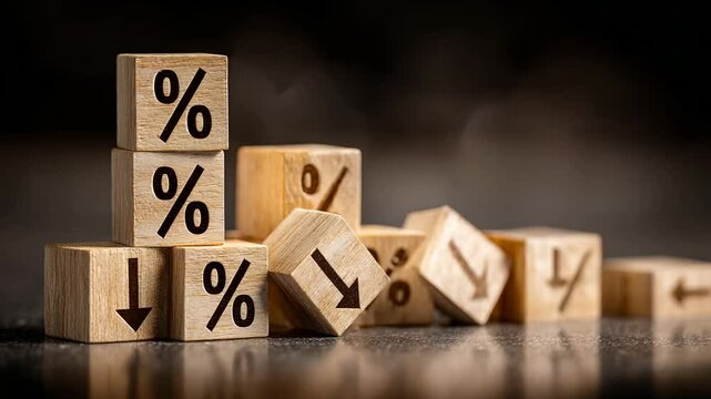 Conceptual image of wooden blocks displaying financial percentages and downward arrows representing economic decline and market fluctuations for business and investment purposes