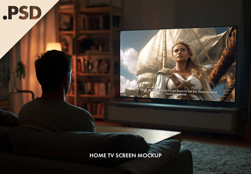 Television screen mockup. Man watching TV in the evening on large screen.