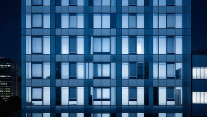 Fototapeta premium window of a multi-storey building made of glass and steel, lighting and people on a blue background, shooting for business news and business