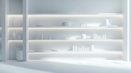 Modern minimalist living room with sleek white shelves, minimal decor items, and indirect ceiling lighting.