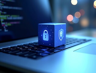 Cube on Laptop Keyboard with Padlock and Key, Representing Personal Protection and Cybersecurity in the Digital Era