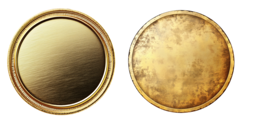 Pair of decorative golden coins with textured surfaces on transparent background
