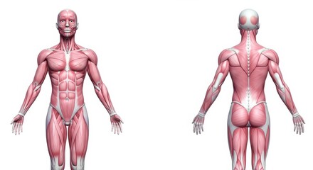 Detailed Human Muscular System Anatomy: Front and Back Views Illustration