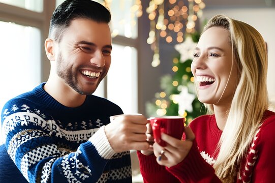 Colleagues in festive but still sweaters laughing and clinking mugs coffeetea in decorated office