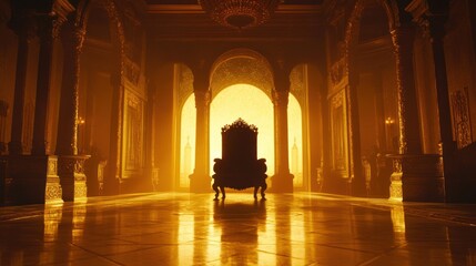 Ornate throne in a grand, dimly lit hall.