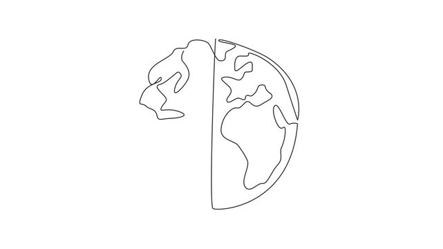 World Logic Day. Animated self drawing of one continuous line drawing of half part of world map globe and half part of human brain. Creative critical thinking. Full length single line animation