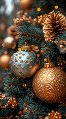 A close-up of elegant Christmas tree ornaments in bronze and teal hues, adorned with pine cones and fairy lights