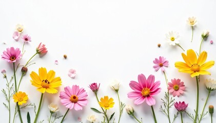 Fototapeta premium Delicate scattered wildflowers on white backdrop, white background, flower illustration