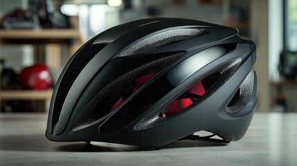 Sleek black bicycle helmet on a table