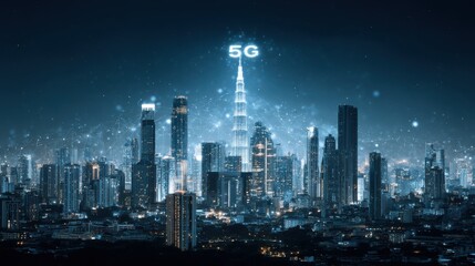 Obraz premium A stunning image of futuristic 5G connected smart city skyline with digital network.