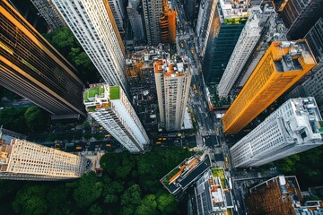 Fototapeta premium Aerial view of modern skyscrapers surrounding urban park