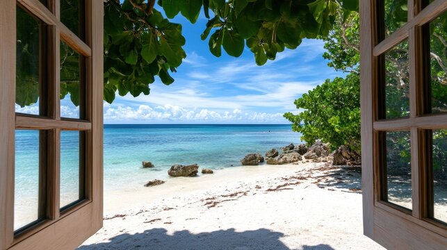 Fototapeta Dreamy island beach view with blue skies seen through a classic window frame