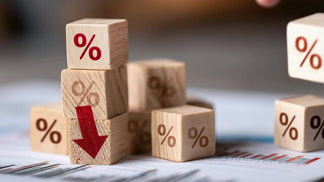 Visual representation of financial decline wooden blocks with percentage symbols and downward arrow illustrating decreasing percentages on charts and graphs for business finance and economic concepts