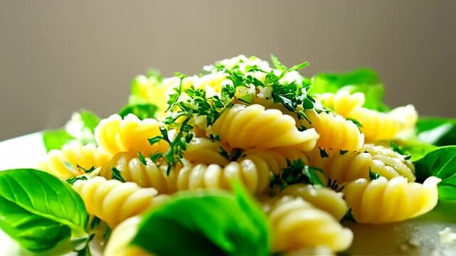 Close Up of Spirali Pasta with Fresh Basil Leaves and Herb on White Plate Showing Italian Cuisine Meal Healthy Food