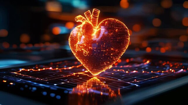 A glowing heart in the form of a complex grid of fiery dots, which seems to hover over an electronic circuit board illuminated by a blue contour.	