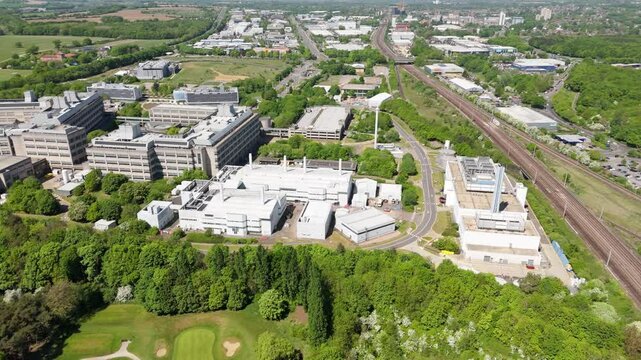 Aerial drone view GSK factory building manufacturing Pharmaceuticals England UK Stevenage UK