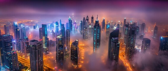Obraz premium A stunning aerial view of a bustling cityscape at night. with skyscrapers illuminated by lights. snow-covered streets. and a misty atmosphere creating a vibrant urban scene