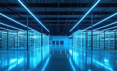 Fototapeta premium A modern. high-tech storage facility showcasing illuminated shelves filled with products. with a sleek. reflective floor and a vibrant digital display in the background