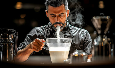 Male Barista Tasting Steaming Milk Drink Preparation