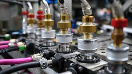 A stunning image of close-up view of industrial pneumatic tools connected to a compressed air system, with hoses and valves visible. The setup showcases precision and technology.