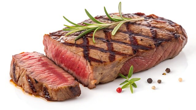 A perfectly grilled steak, showcasing beautiful grill marks and a tender, rosy center, is presented with fresh rosemary sprigs and colorful peppercorns on a white surface.
