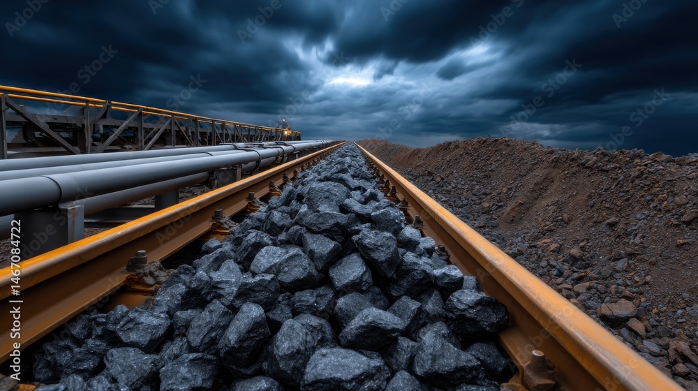 Poster a train track with a lot of rocks on it