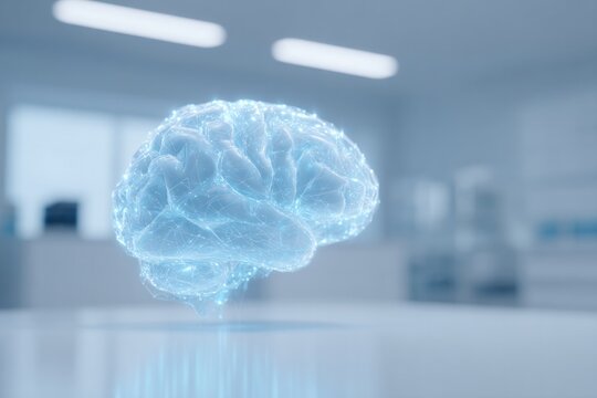 minimalistic image showing digital brain hologram symbolizing ai in medicine with abundant copy space