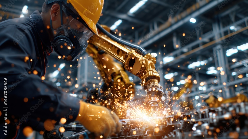 Poster A man in a yellow helmet is working on a machine in a factory