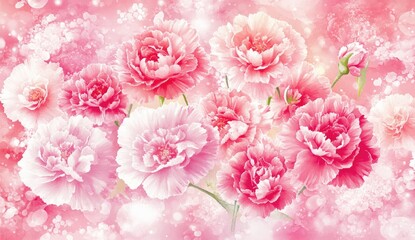 Soft pink and white carnations in a dreamy, glowing background