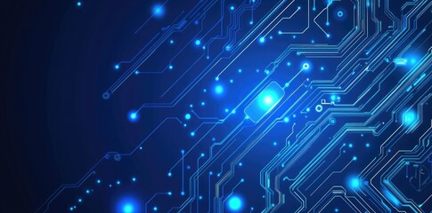 Obraz premium A close-up view of intricate circuit board patterns illuminated by glowing blue and teal lights. suggesting advanced technology and innovation in a digital landscape