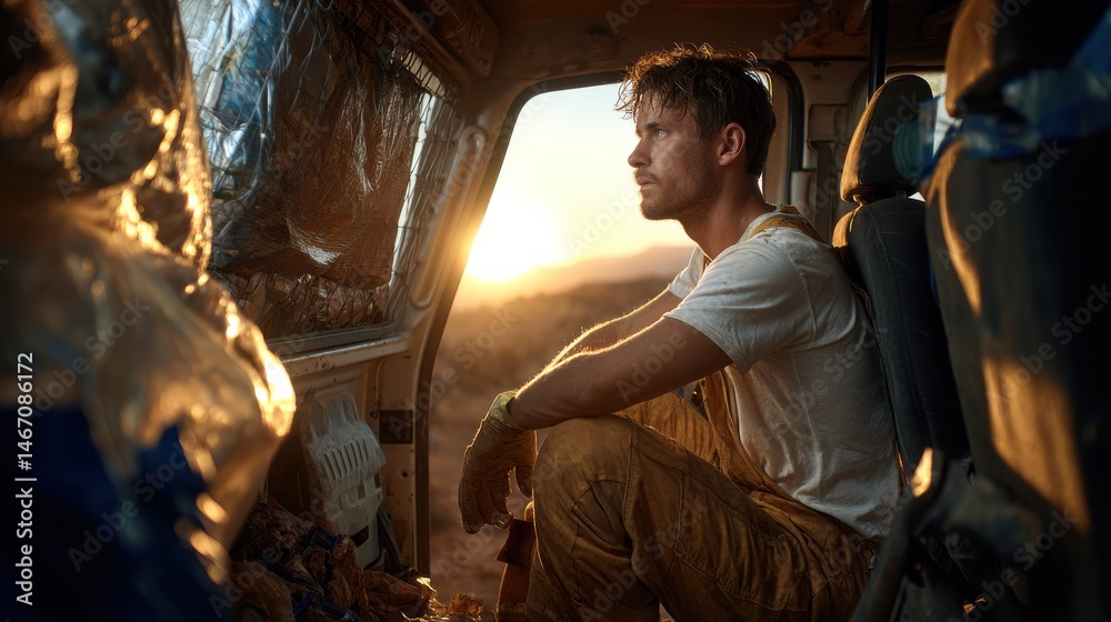 Poster a man sits in a truck with a view of the sun setting