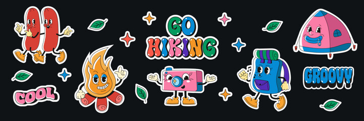 Fototapeta premium Cool Hiking Groovy Hippie Stickers Background. Colorful trendy Y2k sticker pack. Collection of vintage groovy elements and characters.
