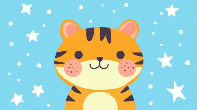 Cute cartoon tiger with closed eyes on snowy blue background, perfect animal character, blue monday theme combining winter and calmness