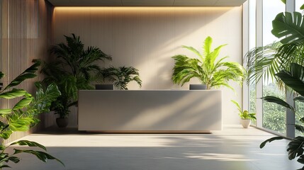Interior of modern office waiting room with gray walls concrete floor wooden reception desk and green plants, ai generative