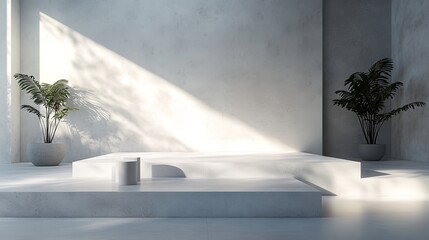 3D white minimal modern conceptual interior room with bench and plant.