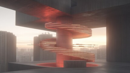 Surreal cityscape with a fiery spiral staircase a digital artwork showcasing modern architecture and abstract design and urban fantasy backdrop